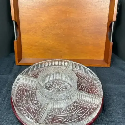 Wood Serving Tray & Crystal Relish Set