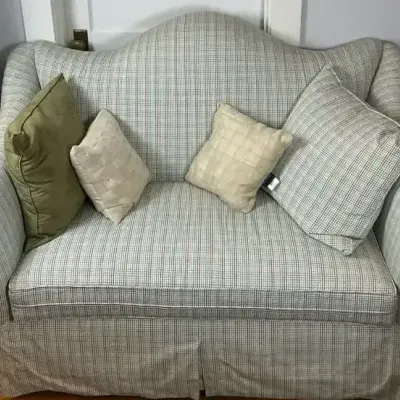 Plaid Upholstered Loveseat & Matching Ottoman
