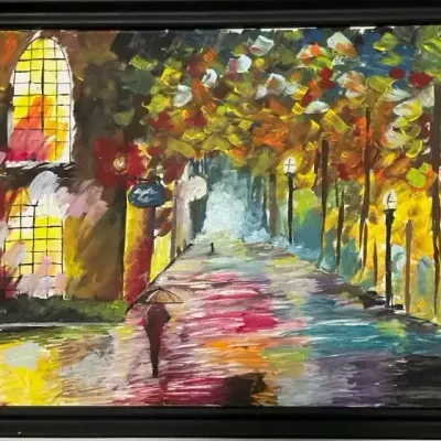 Framed Rainy Street Painting