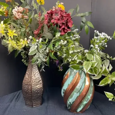 Faceted Metal Vases with Florals