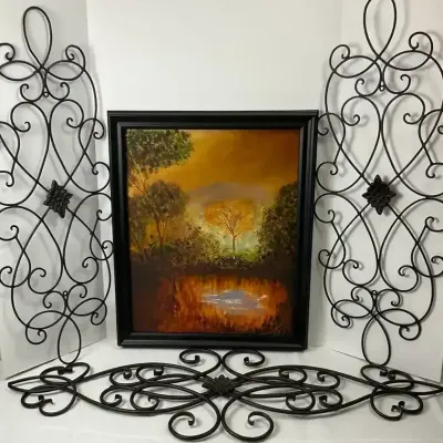 Framed Landscape Painting & Scrollwork 