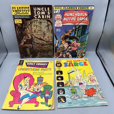 (4) Gilberton, Marvel, Gold Key, and Harvey Comics - Classics Illustrated #15, Marvel Classics Comics #3, Walt Disney Showcase #18, Sad...