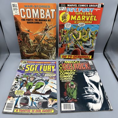 (4) Dell, Marvel, and DC War Comics - Combat #30 (1973), Sgt. Fury Special #8 (1973), Sgt. Fury #134 (1976), and Sgt. Rock #407 (1985) -...