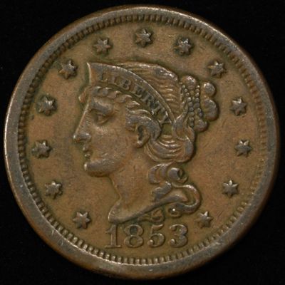 Sale Photo Thumbnail #148: 1853 BRAIDED HAIR LARGE CENT AU
