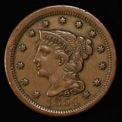 Sale Photo Thumbnail #149: 1854 BRAIDED HAIR LARGE CENT AU/BU