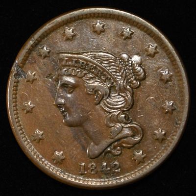 Sale Photo Thumbnail #141: 1842 BRAIDED HAIR LARGE CENT AU/BU
