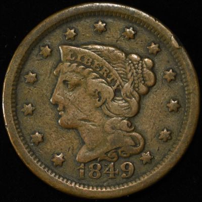 Sale Photo Thumbnail #144: 1849 BRAIDED HAIR LARGE CENT XF