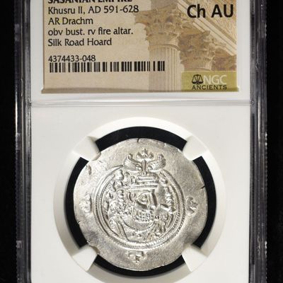 Sale Photo Thumbnail #20: AD 591-628 KHUSRU II AR DRACHM NGC CH AU