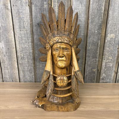 Large Hand Carved Wooden Native American Chief Bust