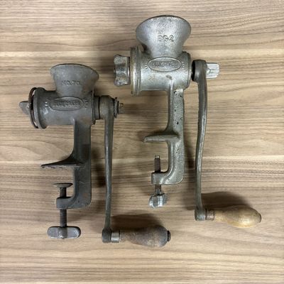 Two Belknap Blue Grass Cast Metal Hand Crank Meat Grinders