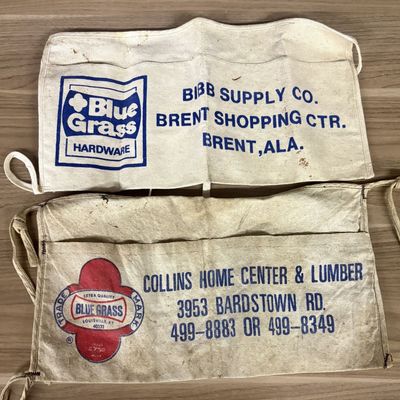Two Vintage Blue Grass Hardware Canvas Work Aprons
