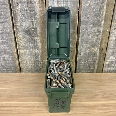 A Collection of Wolf 7.62x39mm Ammunition in a Plastic Storage Can