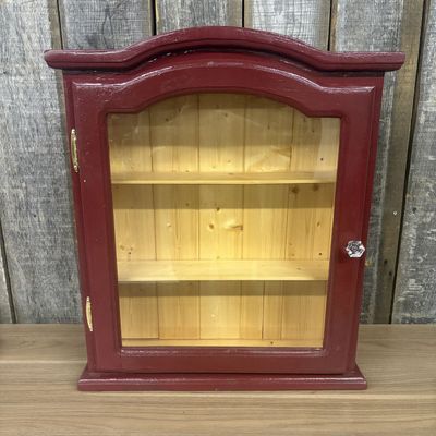 Red Painted Wood Wall Hanging Curio Cabinet with Glass Door