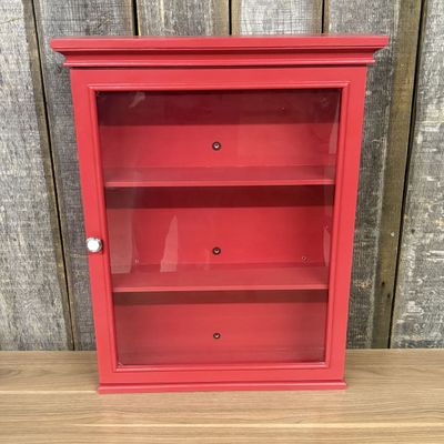 Red Painted Wood and Glass Wall Mounted Display Cabinet