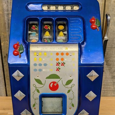 Vintage Three Reel Five Cent Mechanical Slot Machine with Cherry Decoration