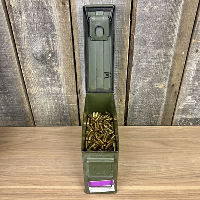 A Group of WMA 40 S&W Centerfire Pistol Cartridges in a Military Style Metal Ammunition Can