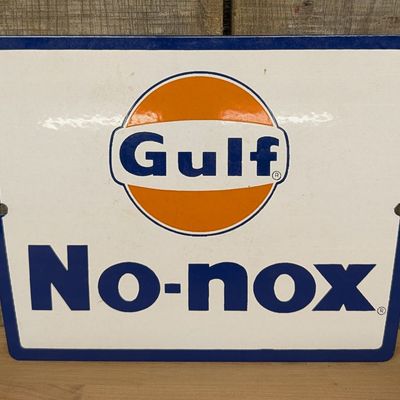 Gulf No-nox Porcelain Enamel Gas Pump Plate Sign