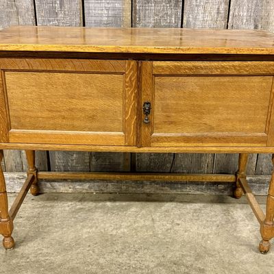 Antique Oak Side Cabinet with H-Stretcher Base