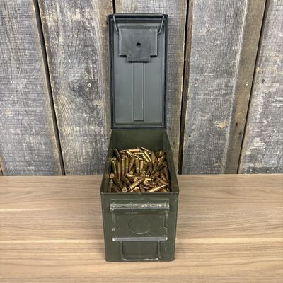 An Assortment of Remington Arms Company 7.62x39mm Brass Cased Cartridges in a Repurposed Military Ammunition Can