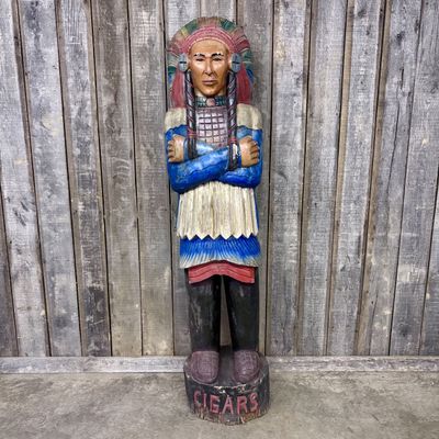 Large Hand Carved and Painted Wooden Cigar Store Indian Statue