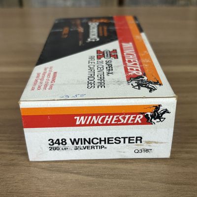 A Box of Winchester Super-X 348 Winchester 200 Grain Silvertip Rifle Cartridges