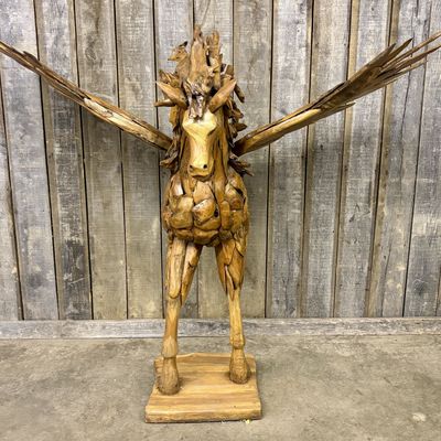 Large Scale Assembled Teak Pegasus Sculpture