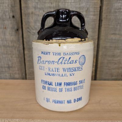 Baron-Atlas Cut-Rate Whiskies Two-Handled Stoneware Jug