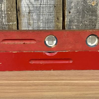 Two Belknap Blue Grass Red Painted Wood Carpenter Levels