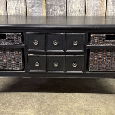 Black Painted Wood Coffee Table with Woven Storage Baskets and Casters