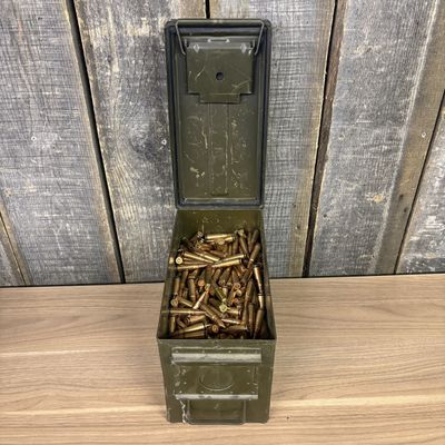 A Group of Loose 7.62x39mm Brass Cased Ammunition in a Vintage Military Ammunition Can