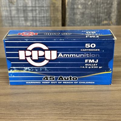 Box of 50 PPU 45 Auto 230 Grain FMJ Ammunition Cartridges