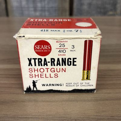 A Full Box of Twenty-Five Vintage Sears Roebuck and Co. Xtra-Range 410 Gauge Shotgun Shells