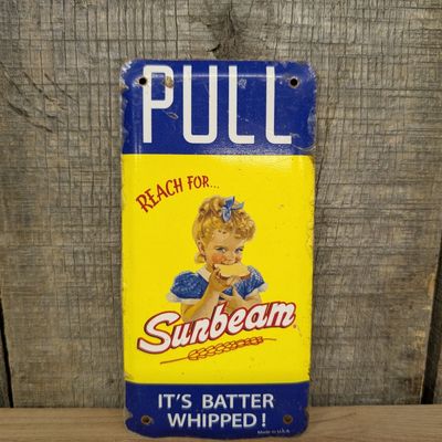 Vintage Sunbeam Bread Porcelain Enameled Metal Door Push Sign