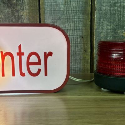 Two Functional Red Industrial Warning Light Devices Including Double Sided Enter Exit Sign and Tiered Beacon