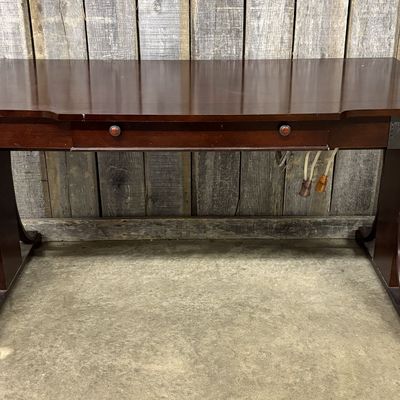 Mahogany Library Table with Harp Pedestals and Integrated Electrical Outlet