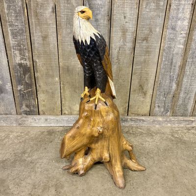 Polychrome Carved Wood Sculpture of a Perched Bald Eagle