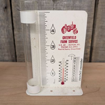 Vintage Mayco Rain Gauge with Rainfall Recorder and Thermometer Greenfield Farm Service Advertisement