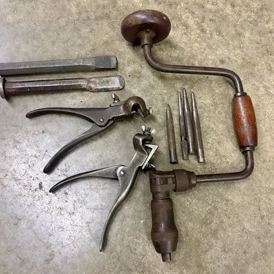 An Assortment of Vintage Steel and Wood Hand Tools Including Blue Grass Chisels and Cyclone Brace
