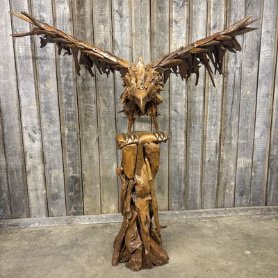 Large Scale Teak Wood Eagle Sculpture on Integrated Pedestal