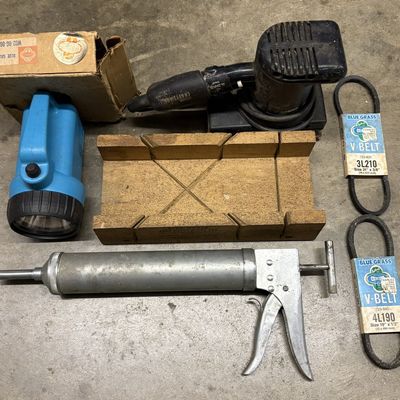 A Collection of Vintage Tools Including a Craftsman Power Sander and Blue Grass Equipment