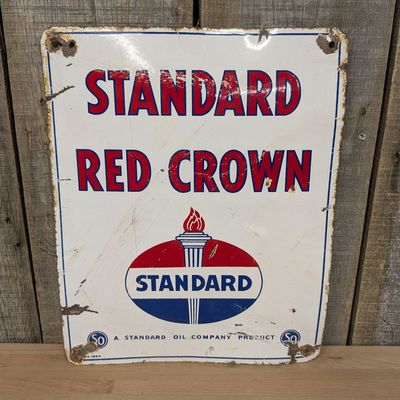 Standard Red Crown Porcelain Enamel Gas Pump Plate Sign dated 1954