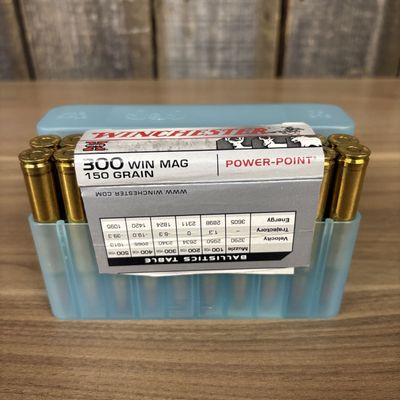 A Group of Winchester 300 Win Mag Power-Point Rifle Cartridges in a Plastic Case
