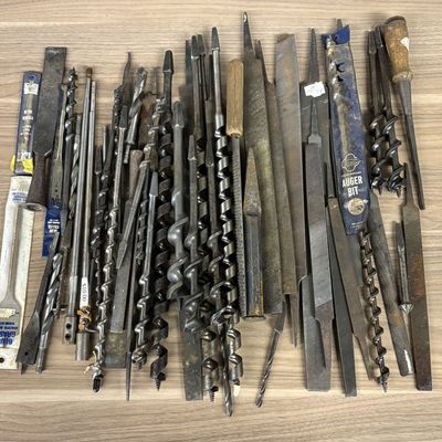 An Assortment of Vintage Steel Auger Bits and Metal Hand Files