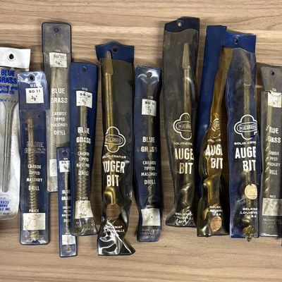 A Collection of Vintage Blue Grass Belknap Steel Auger and Masonry Drill Bits in Original Packaging