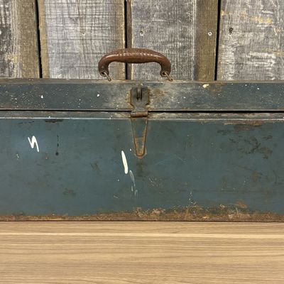 Large Vintage Belknap Blue Grass Metal Hip Roof Toolbox