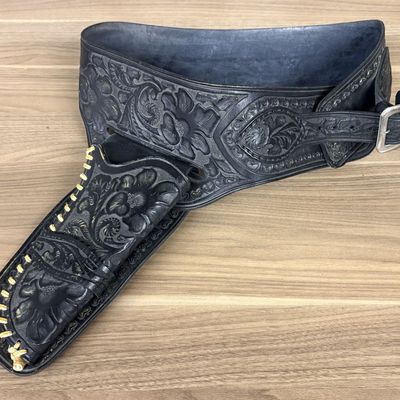 Tooled Black Leather Buscadero Style Gun Belt and Holster Set