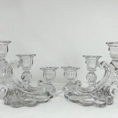 PAIR OF THREE-LIGHT MANGANESE GLASS CANDELABRA