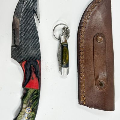 DAMASCUS TWO GUT HOOK AND FOLDING KNIVES