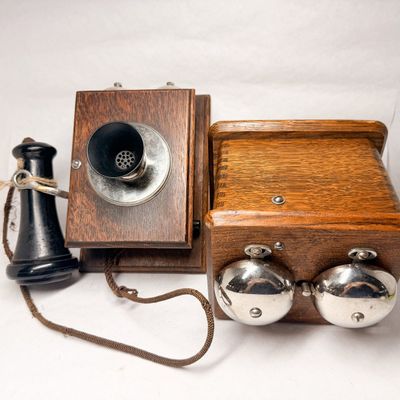 OAK WALL TELEPHONE COMPONENTS, CIRCA 1900