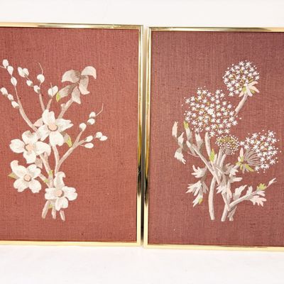 VINTAGE FLORAL CREWEL EMBROIDERY PAIR